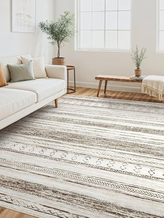 Area Rug Living Room Rugs - 5x7 Washable Large Soft Neutral Boho Moroccan Bohemi